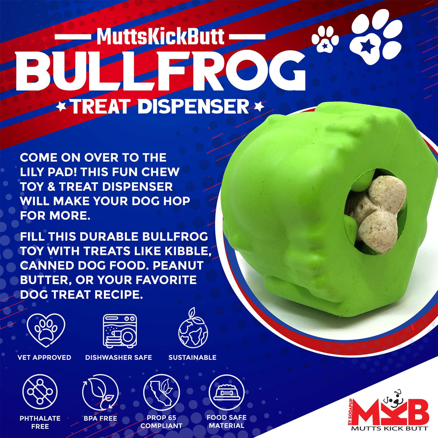 Bull Frog Durable Rubber Dog Chew Toy & Treat Dispenser - Image 3