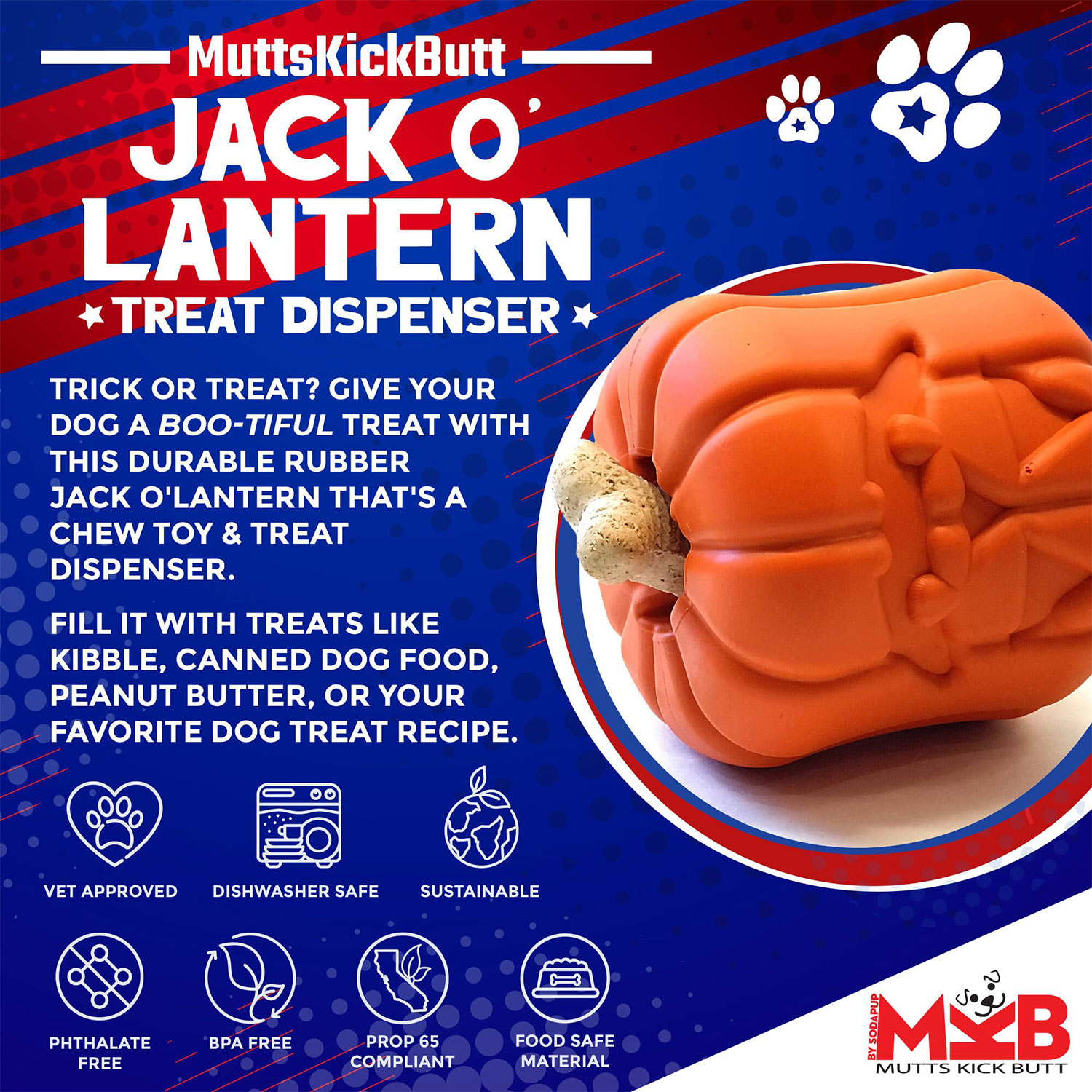 Jack O'Lantern Durable Rubber Chew Toy & Treat Dispenser - Image 3