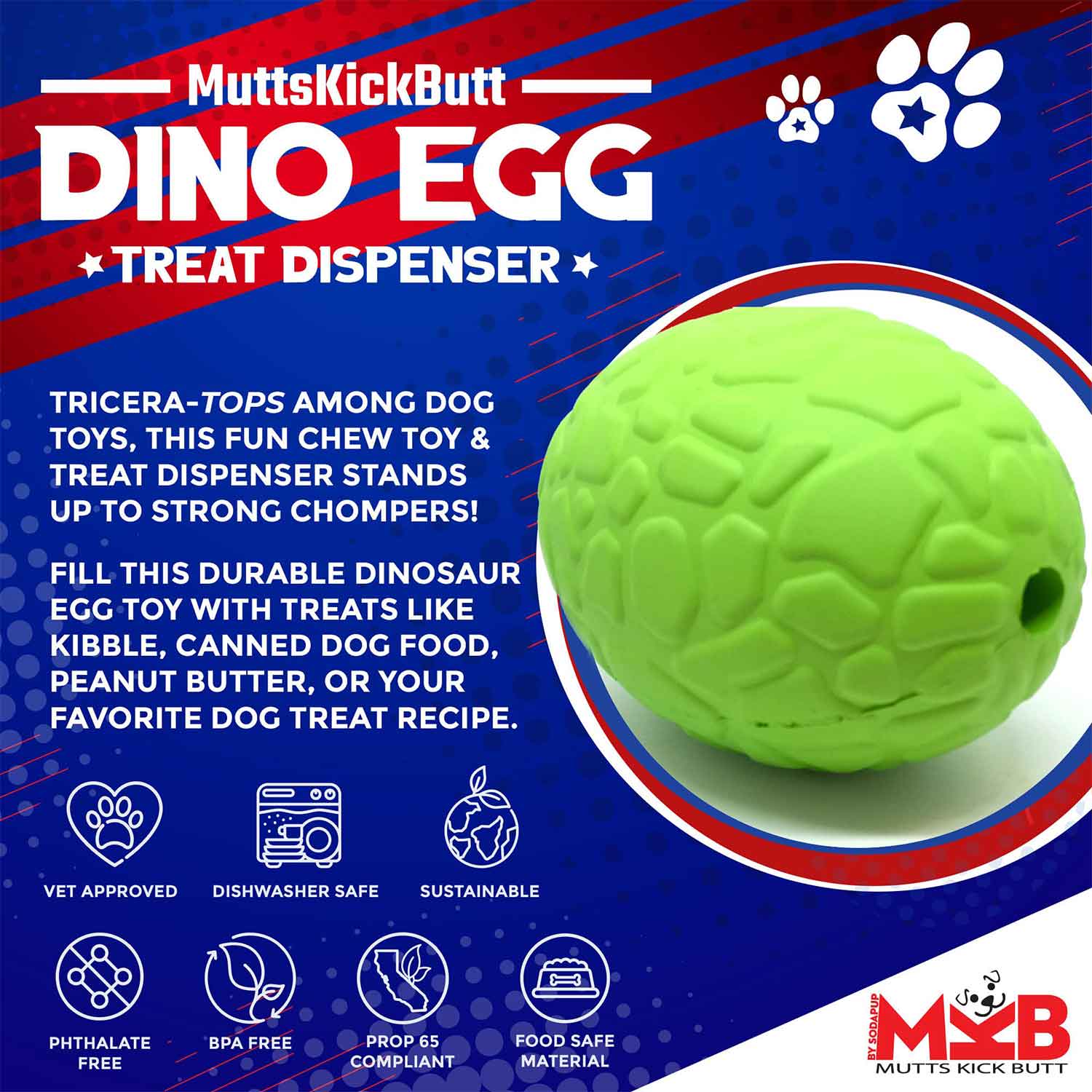 Sodapup Dinosaur Egg Durable Rubber Dog Chew Toy & Treat Dispenser Info