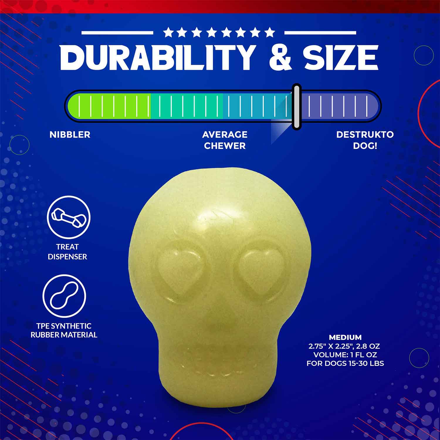 Sodapup Glow in the Dark Sugar Skull Chew Toy & Treat Dispenser Durability