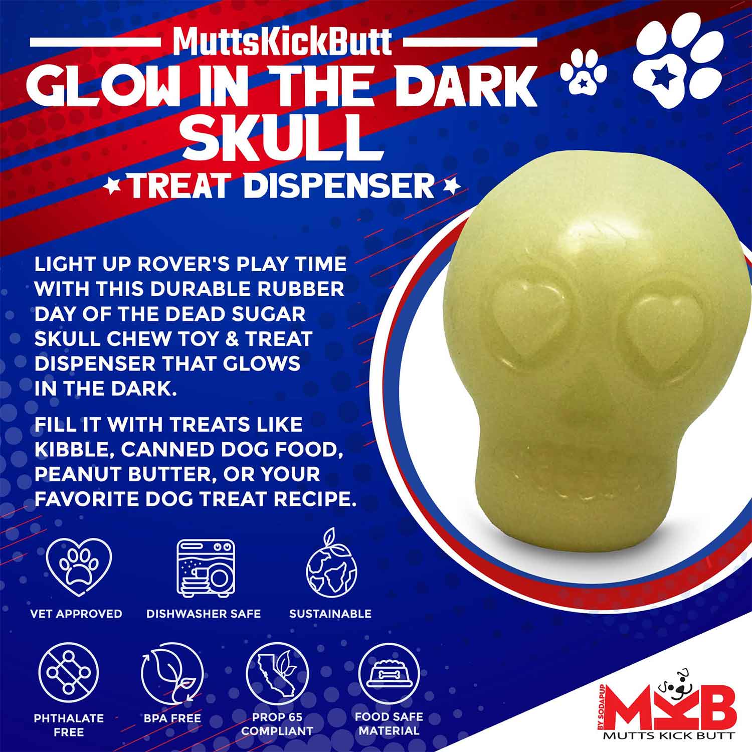 Sodapup Glow in the Dark Sugar Skull Chew Toy & Treat Dispenser Info