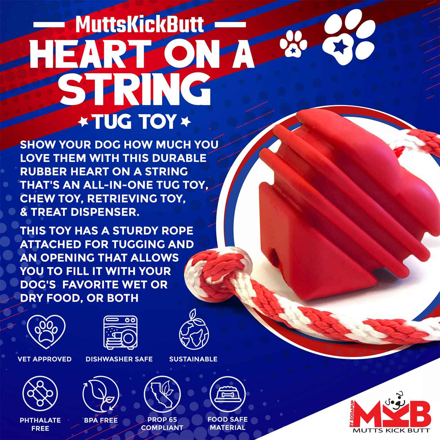 Sodapup Heart on a String Durable Rubber Dog Toy Info