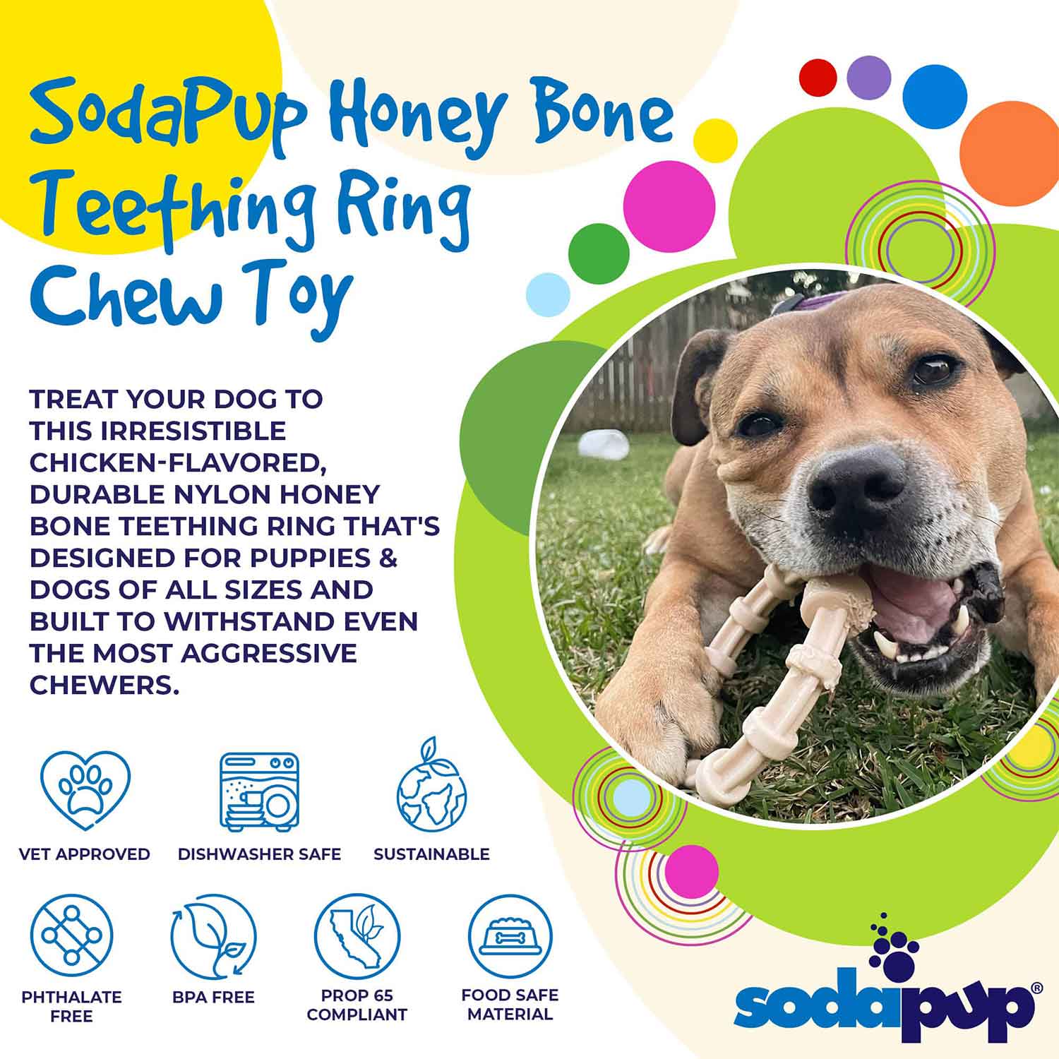 Sodapup Honey Bone Chicken Flavored Teething Ring for dogs info