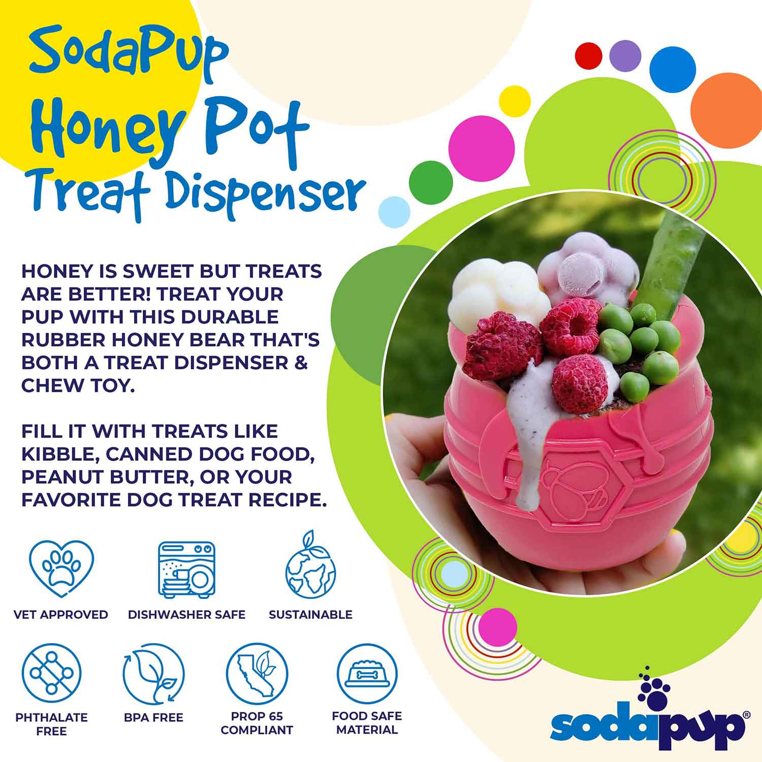 Sodapup Honey Pot Durable PUP-X Rubber Treat Dispenser & Enrichment Toy Info
