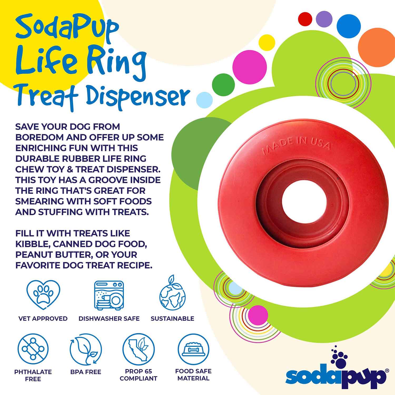 Sodapup Life Ring Durable Rubber Chew Toy & Treat Dispenser Info