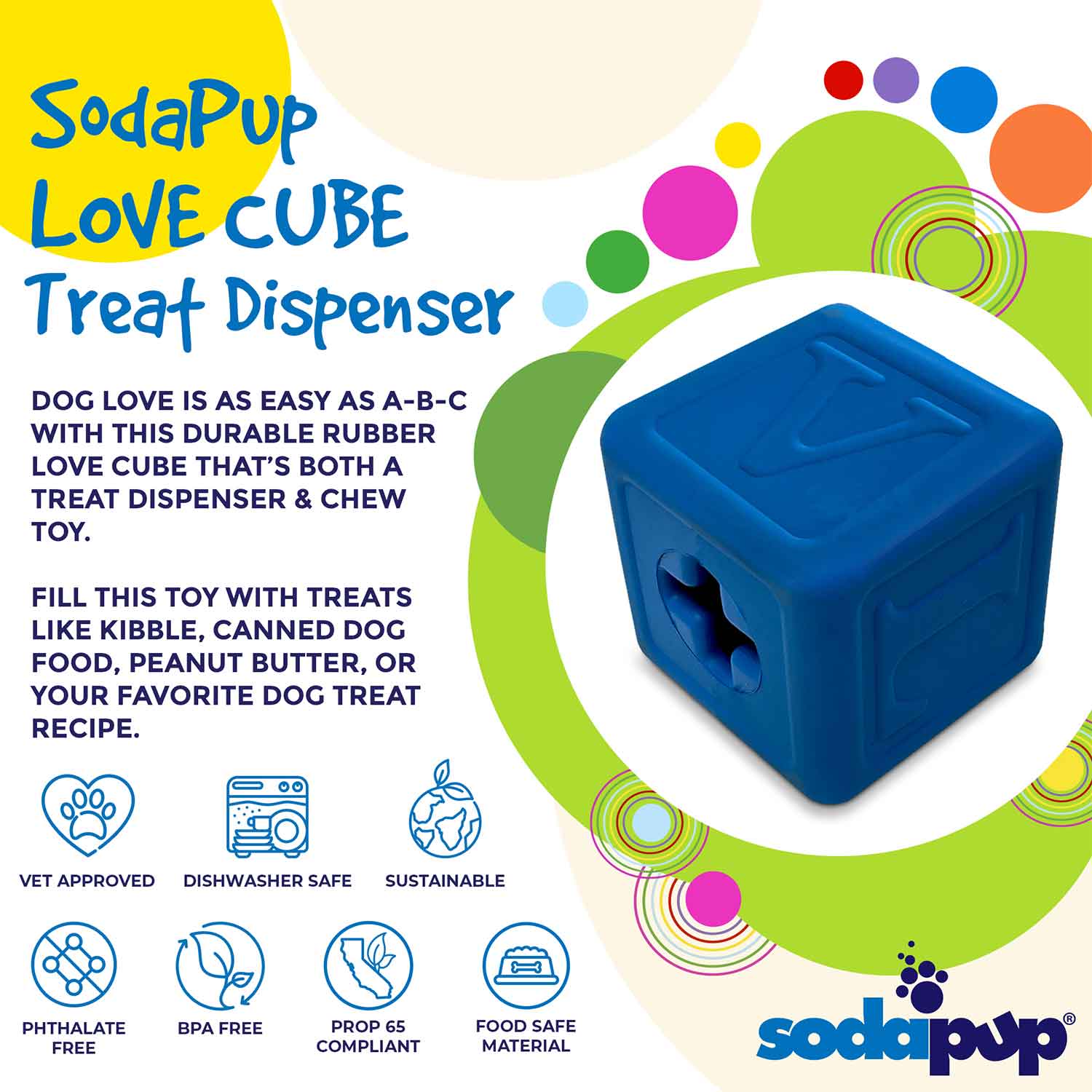 Sodapup Love Cube Durable Rubber Dog Chew Toy & Treat Dispenser Info
