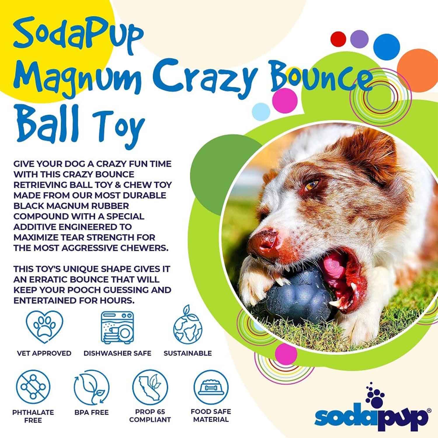 Sodapup Magnum Crazy Bounce Ultra Durable Rubber Chew & Retrieve Dog Toy Info