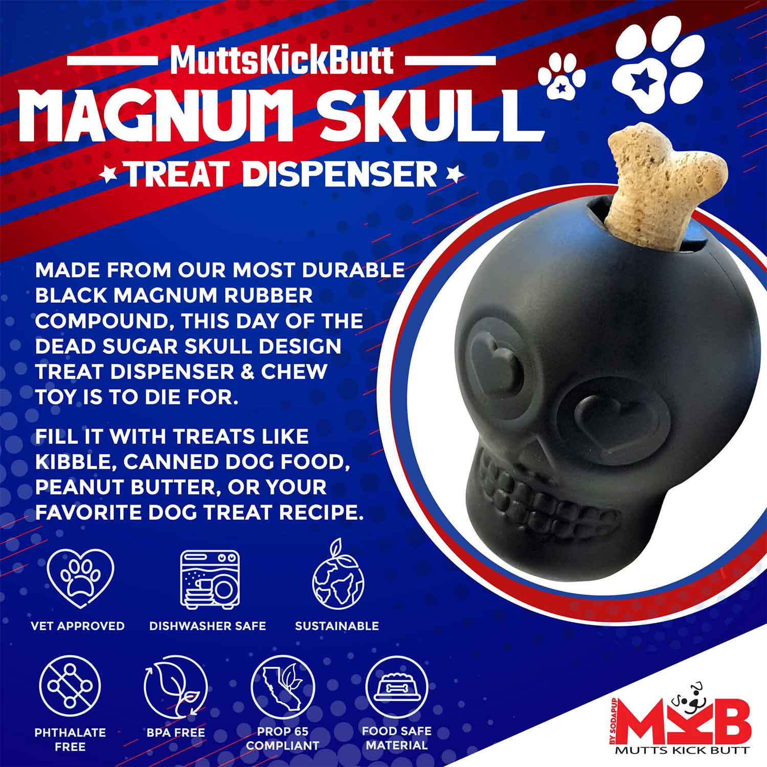 Sodapup Magnum Sugar Skull Durable Rubber Chew Toy & Treat Dispenser Info