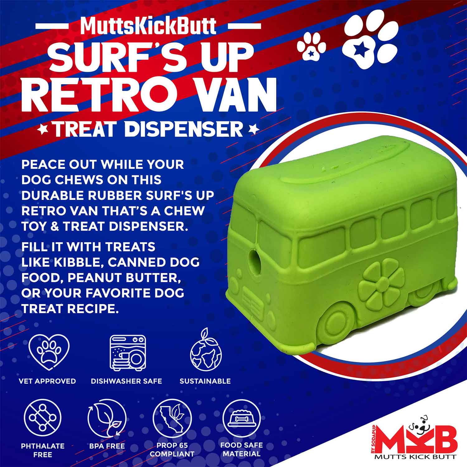 Sodapup Surf's Up! Retro Van Durable Chew Toy & Treat Dispenser Info
