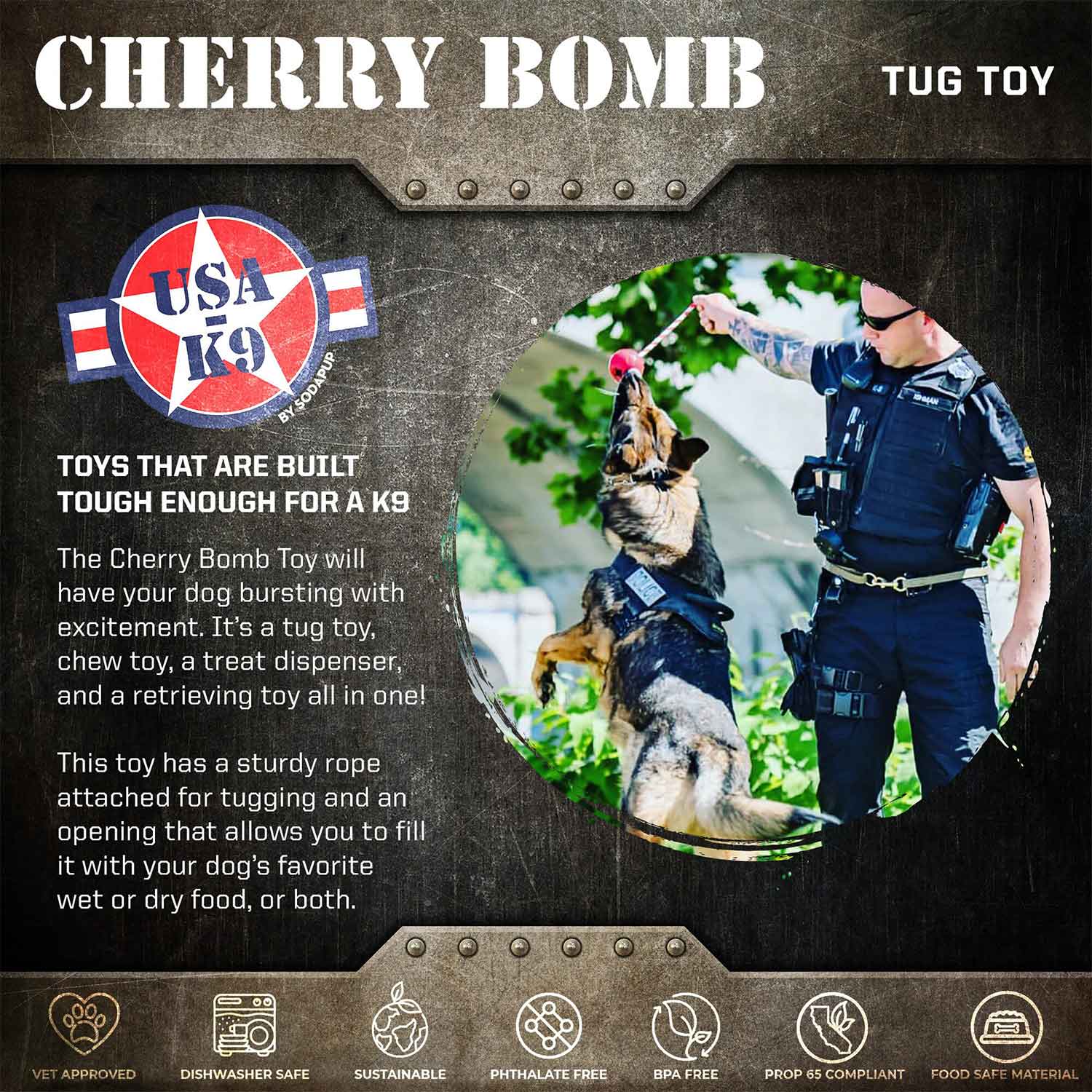 Sodapup USA-K9 Cherry Bomb Durable Rubber Chew Toy, Treat Dispenser, Reward Toy, Tug Toy, And Retrieving Dog Toy Info