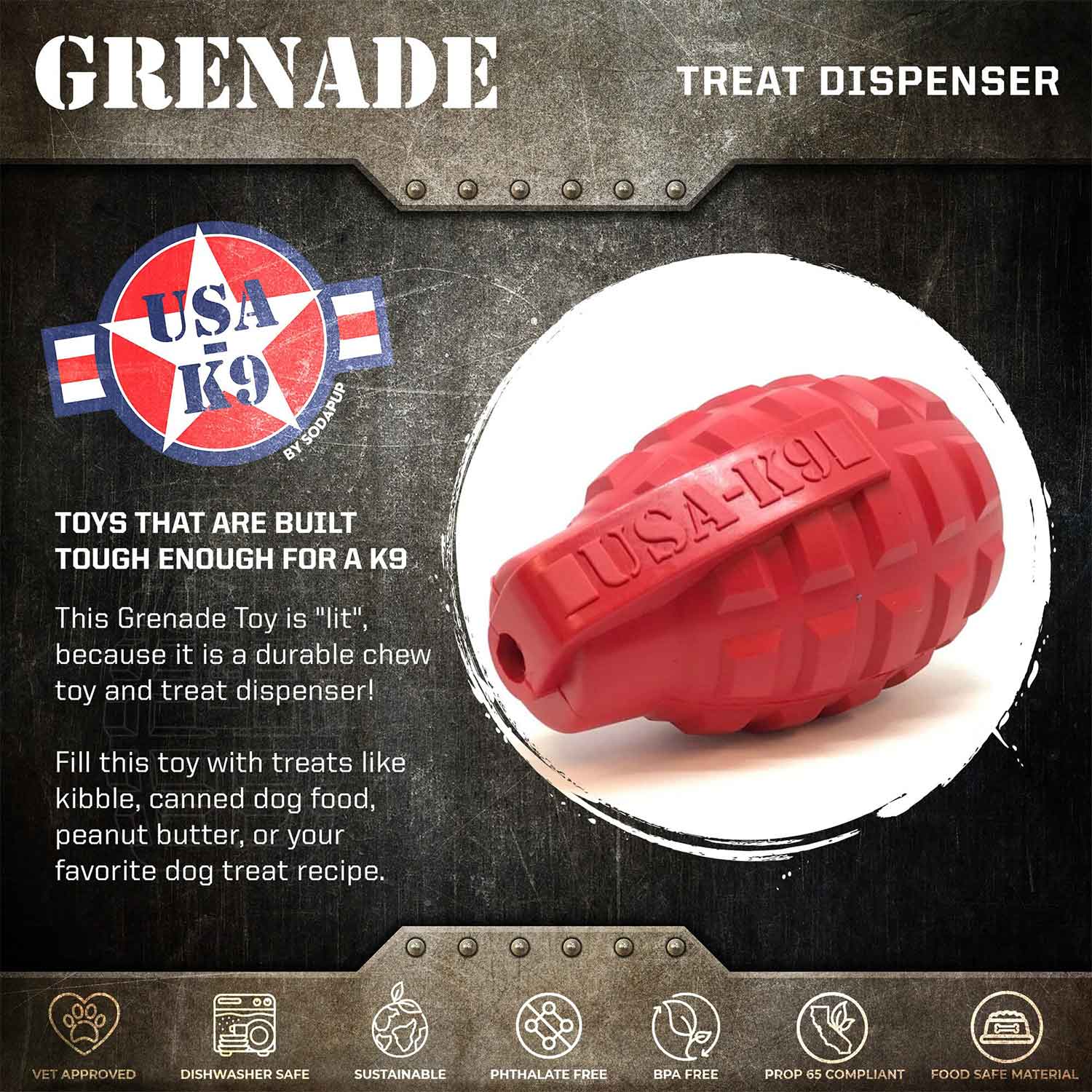Sodapup USA-K9 Grenade Durable Rubber Chew Toy And Treat Dispenser Info