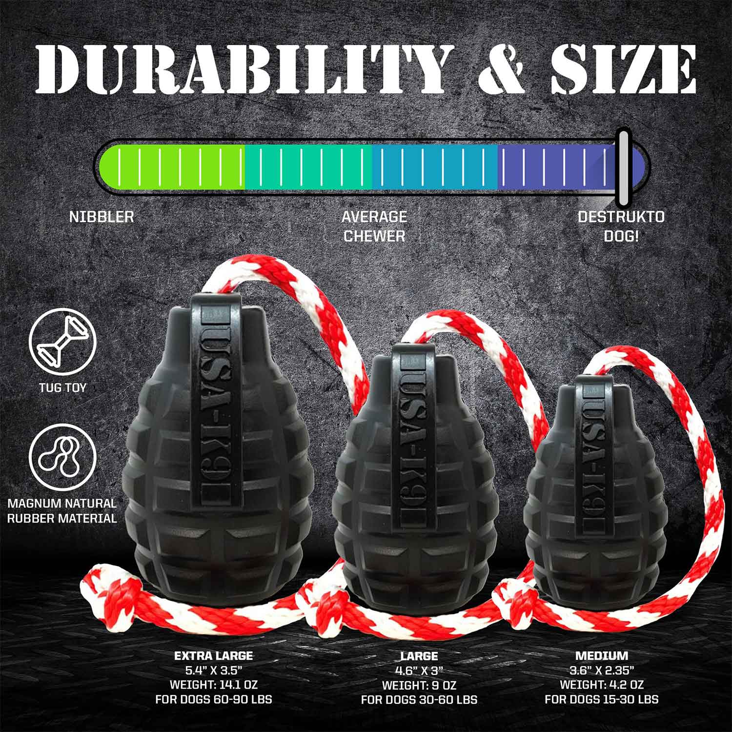 Sodapup USA-K9 Grenade Durable Rubber Chew Toy, Treat Dispenser, Reward Toy, Tug Toy And Retrieving Toy Black Sizes
