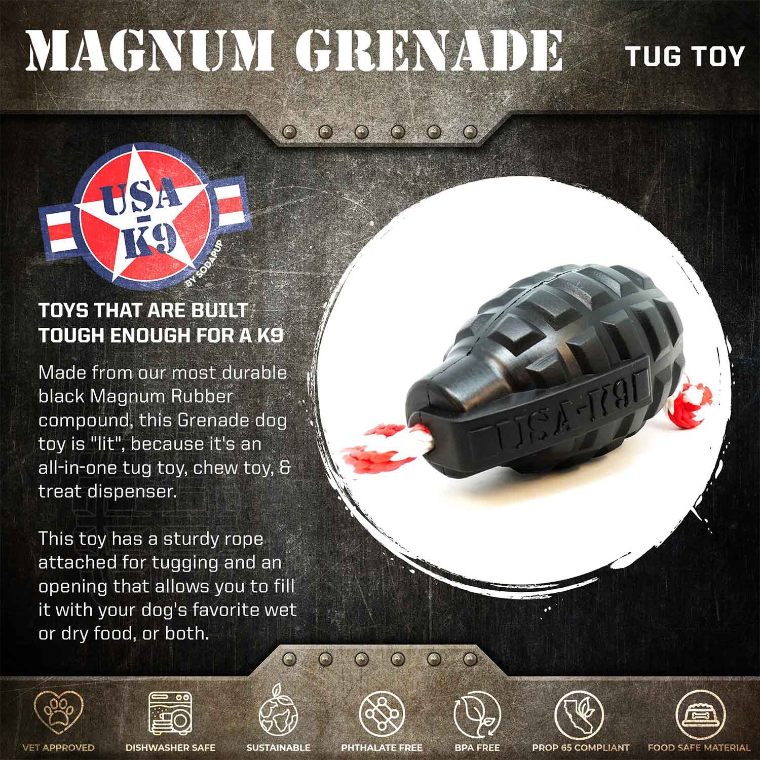 Sodapup USA-K9 Grenade Durable Rubber Chew Toy, Treat Dispenser, Reward Toy, Tug Toy And Retrieving Toy Magnum Info