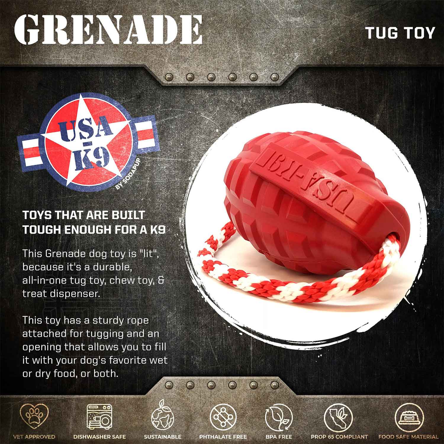 Sodapup USA-K9 Grenade Durable Rubber Chew Toy, Treat Dispenser, Reward Toy, Tug Toy And Retrieving Toy Red Info