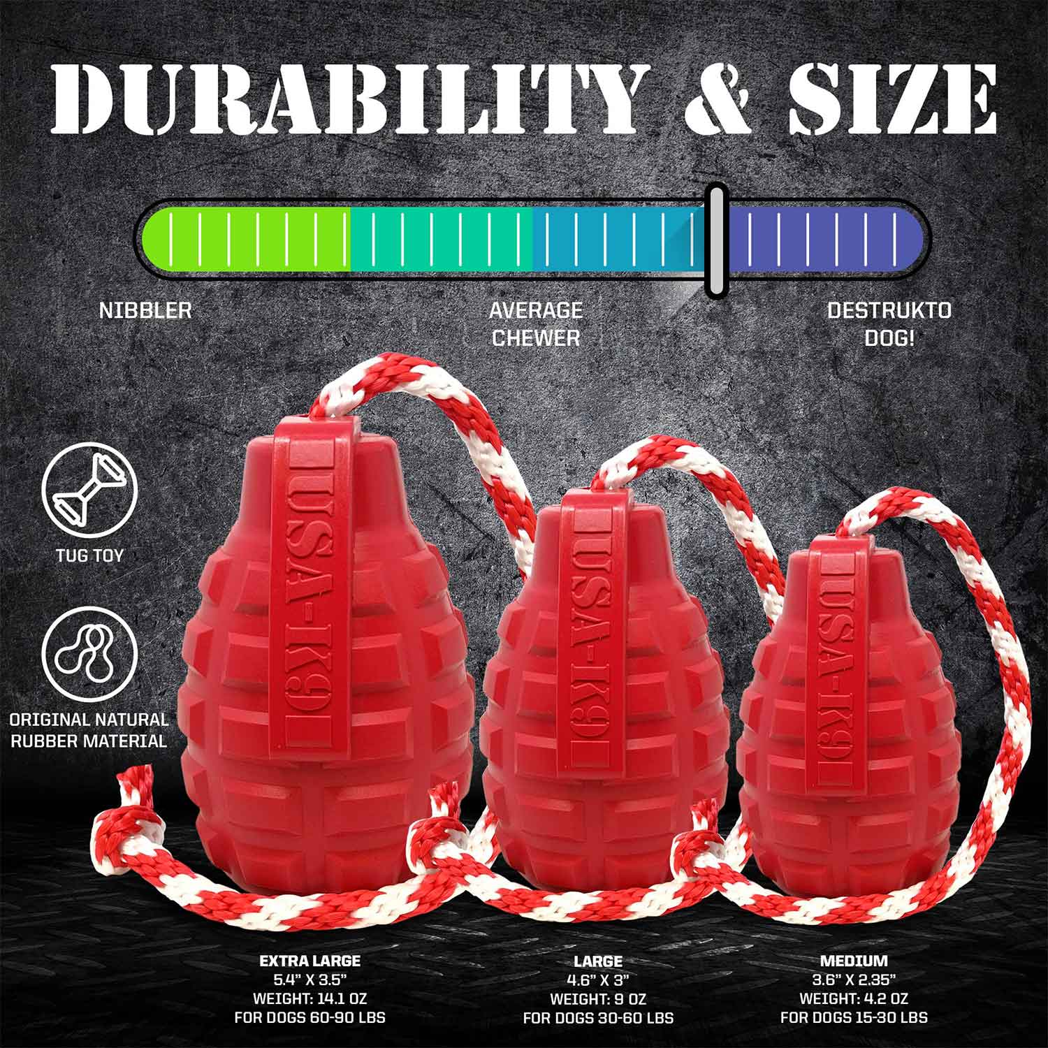 Sodapup USA-K9 Grenade Durable Rubber Chew Toy, Treat Dispenser, Reward Toy, Tug Toy And Retrieving Toy Red Sizes