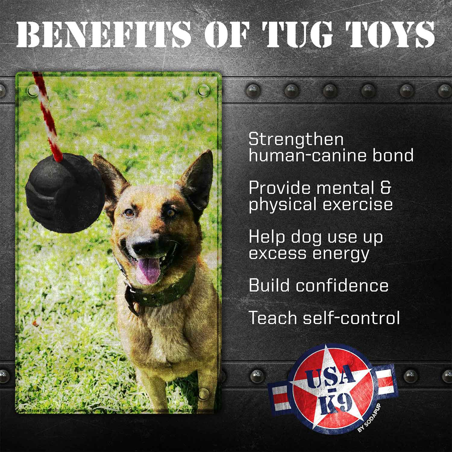 Sodapup USA-K9 Magnum Black Stars and Stripes Ultra Durable Rubber Chew Toy, Reward Toy, Tug Toy & Retrieving Toy Benefits