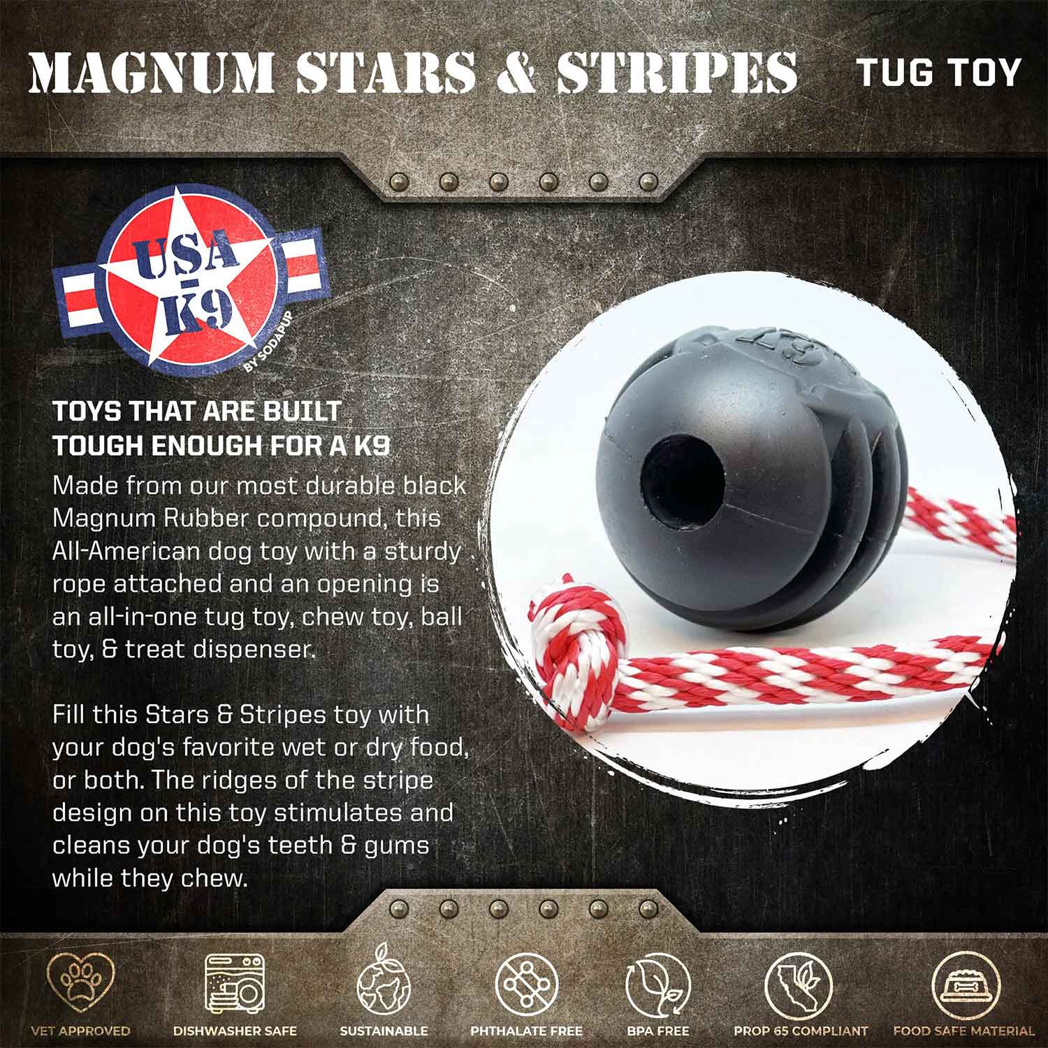Sodapup USA-K9 Magnum Black Stars and Stripes Ultra Durable Rubber Chew Toy, Reward Toy, Tug Toy & Retrieving Toy Info