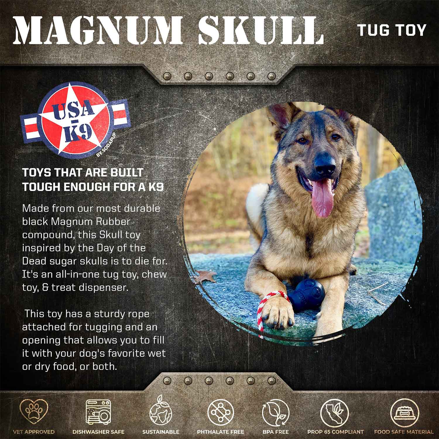 Sodapup USA-K9 Magnum Skull Durable Rubber Chew Toy, Treat Dispenser, Reward Toy, Tug Toy & Retrieving Toy Info