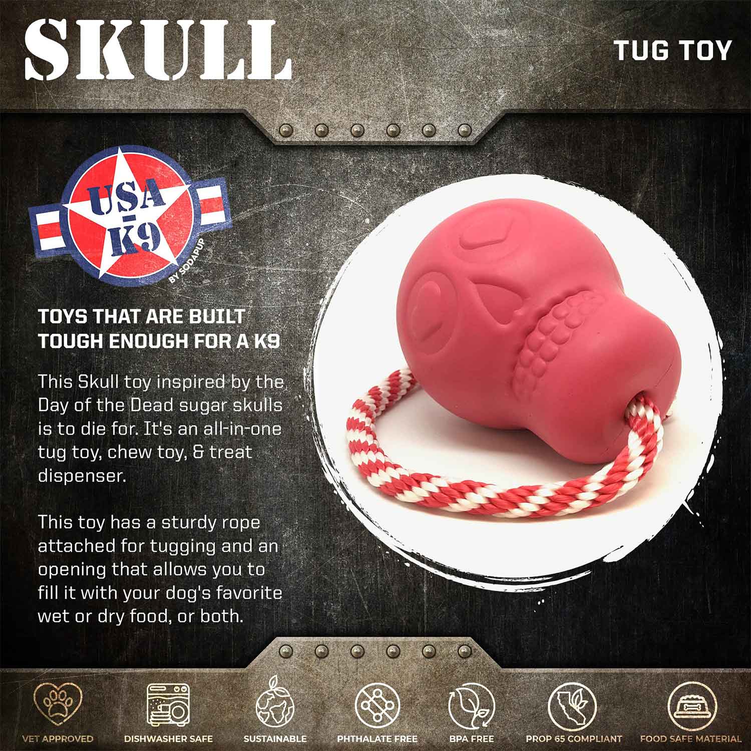 Sodapup USA-K9 Skull Durable Rubber Chew Toy, Treat Dispenser, Reward Toy, Tug Toy & Retrieving Toy Pink Info