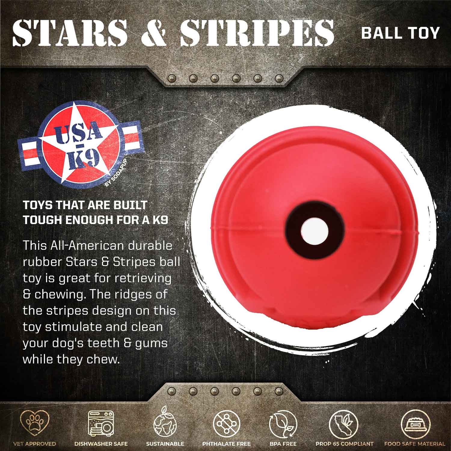 Sodapup USA-K9 Stars and Stripes Ultra Durable Rubber Chew Ball Info