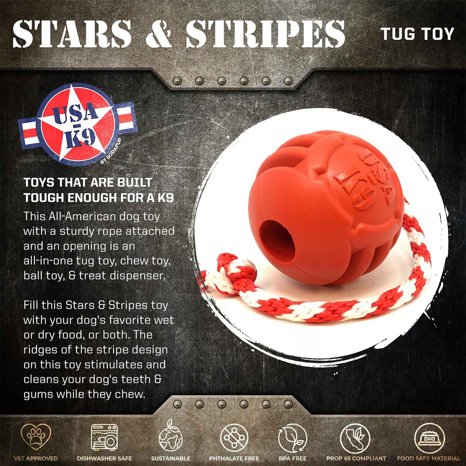 Sodapup USA-K9 Stars and Stripes Ultra Durable Rubber Chew Toy, Reward Toy, Tug Toy & Retrieving Toy Red Info
