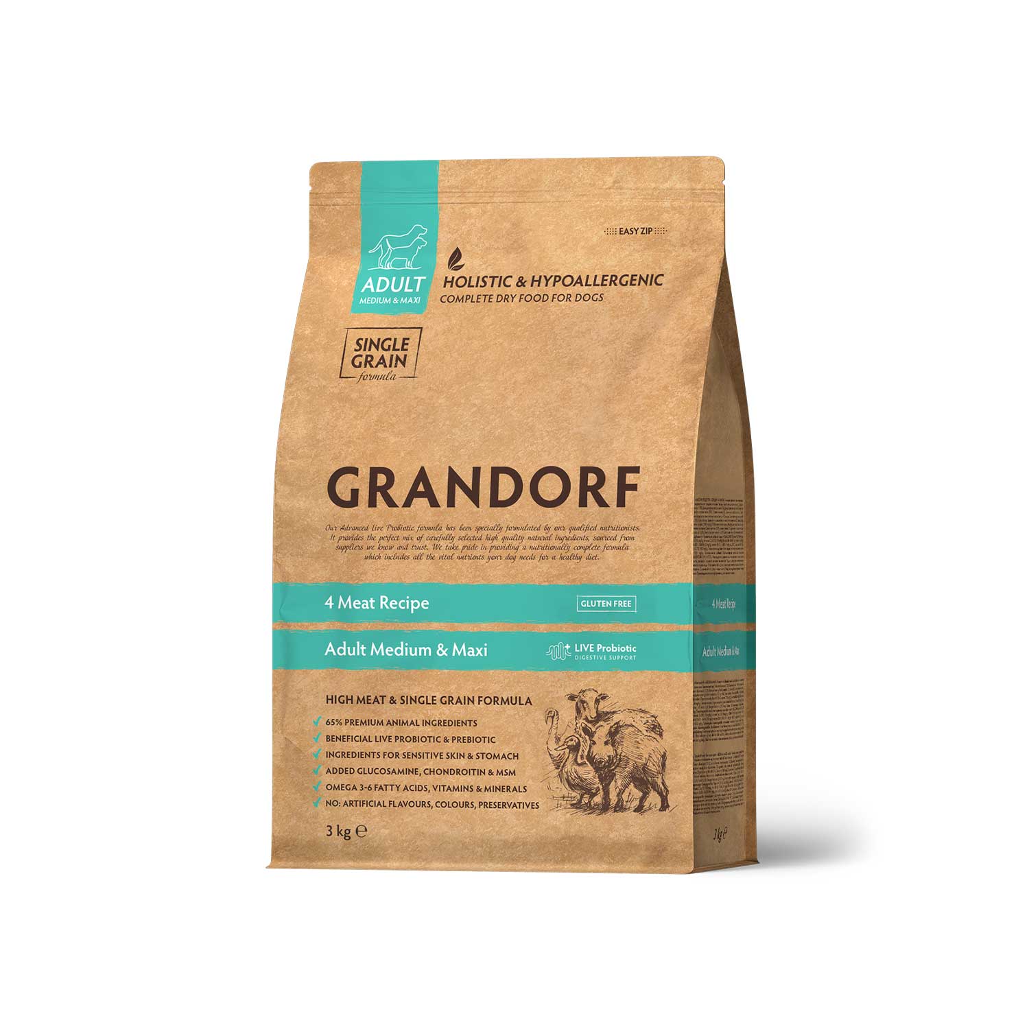Grandorf 4 Meat Adult Medium & Maxi Breeds Dog Dry Food Hypoallergenic Dog Food