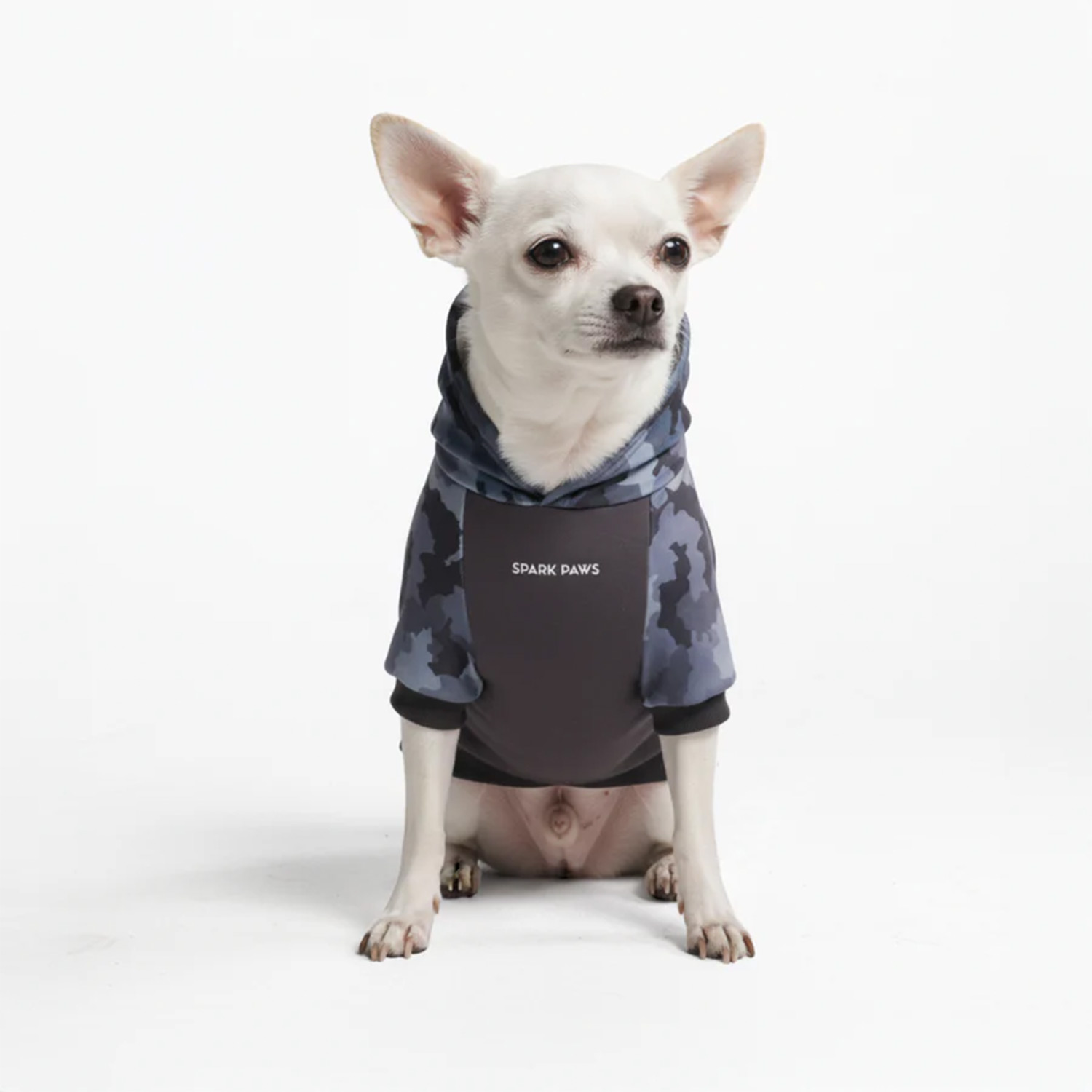Dog wearing Spark Paws Grey Green Camo Dog Hoodie
